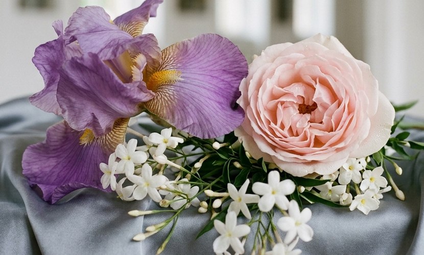 Classic fragrance family: iris, rose and jasmine on grey silk