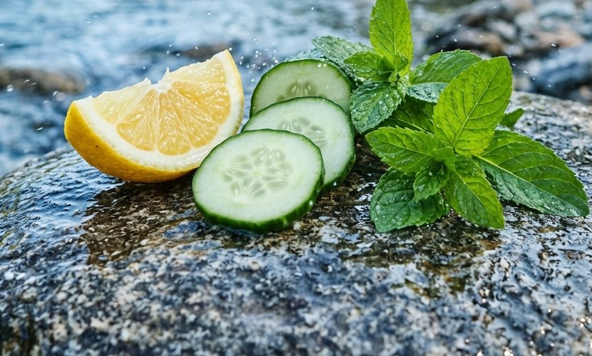 Fresh fragrance family: lemon, cucumber and mint on a river stone