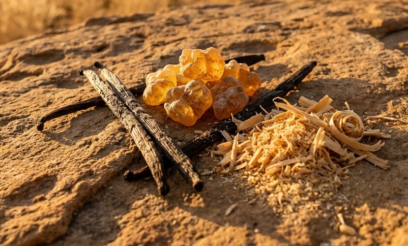 Warm fragrance family: amber resin, vanilla pods and sandalwood on desert sandstone